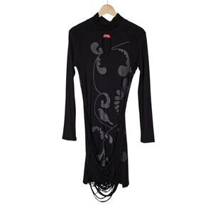 Skunkfunk Womens Mini Dress XS Black Long Sleeve Ruched Fringe Grunge Goth